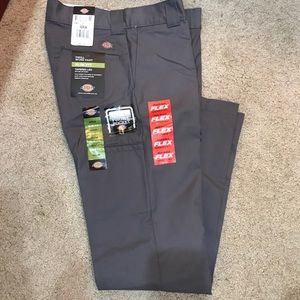 Dickies slim fit twill gray work pant tapered leg sz 32x34 cell pocket, flex NEW